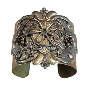 Steampunk Large Cuff Bracelet Brass & Silver Tone Watch Gear Art Nouveau Design